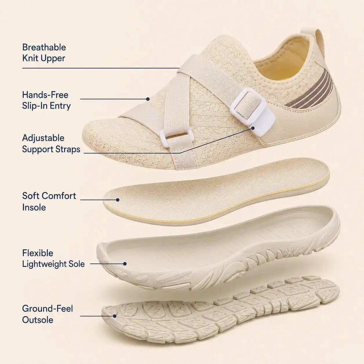 Cream slip-in barefoot shoe with adjustable strap and flexible lightweight outsole