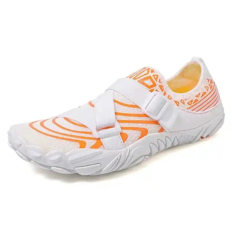 White slip-on barefoot shoe with orange graphics, wide strap, and flex sole