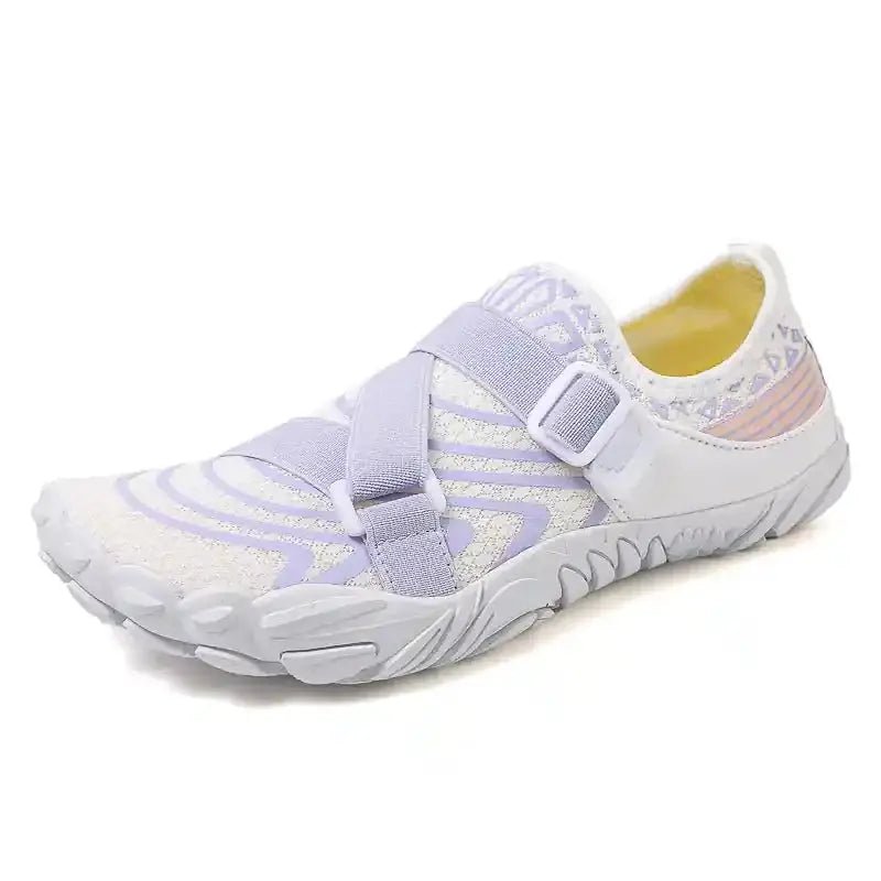 Light purple slip-on barefoot shoe with velcro strap and cushioned sole